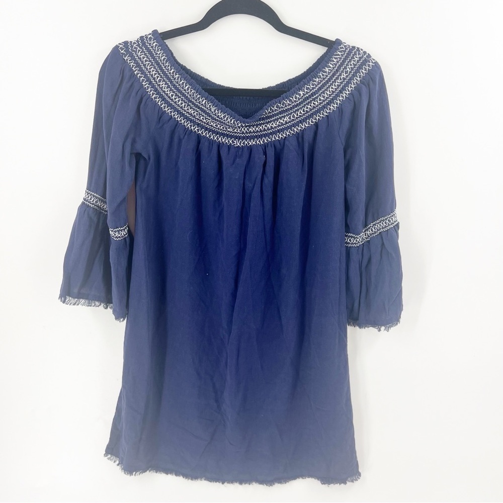 ✅ NWT‎ EVEREVE BRAEVE Navy Blue Off The Shoulder Boho Shift Dress Size SMALL